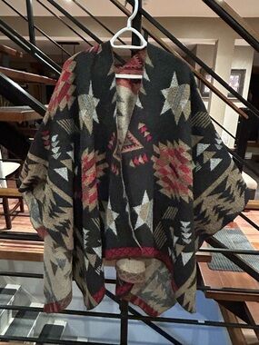 Southwestern Aztec Knit Poncho in Black, Red, and Taupe